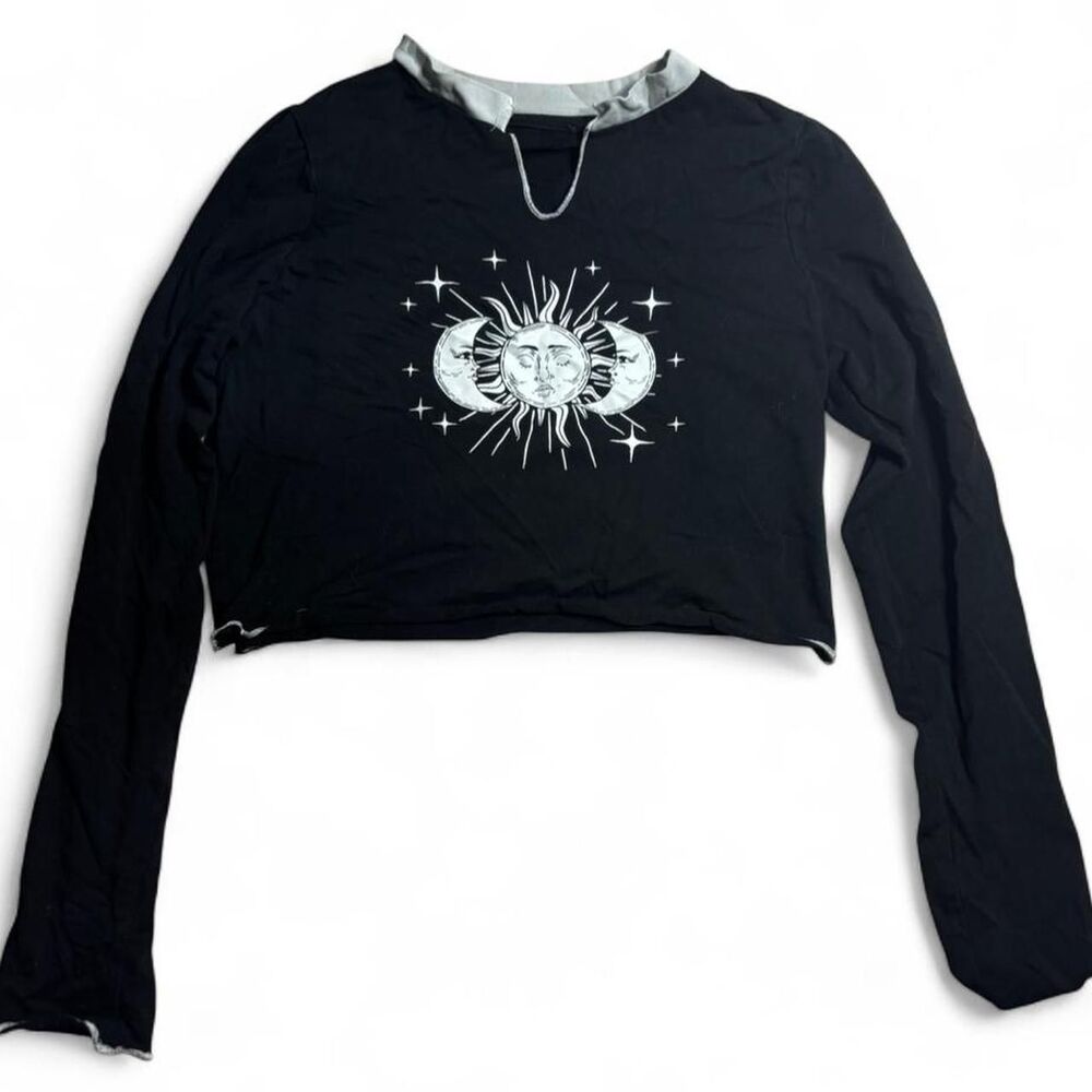 Dolls Kill Celestial Sun Crop Top M Black Goth Long Sleeve